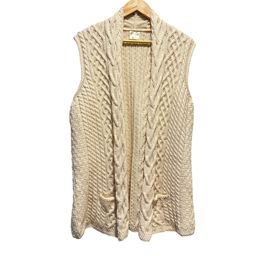 Kilrowan Knitwear Merino Wool Vest Womens XL Cream Cable Knit Open Front Ireland